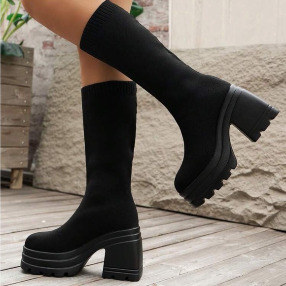 Women's Casual Knitted High Heel Thick Sole Fashion Boots, Elastic Over-the-knee - Picture 2 of 6